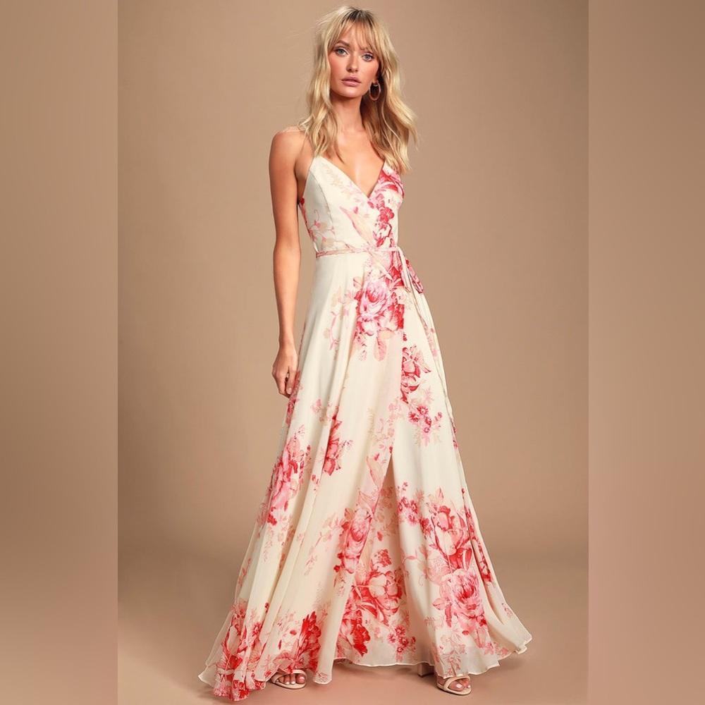 Lulu’s NWT Elegantly Inclined Cream and Coral Floral Print Wrap Maxi Dress XL